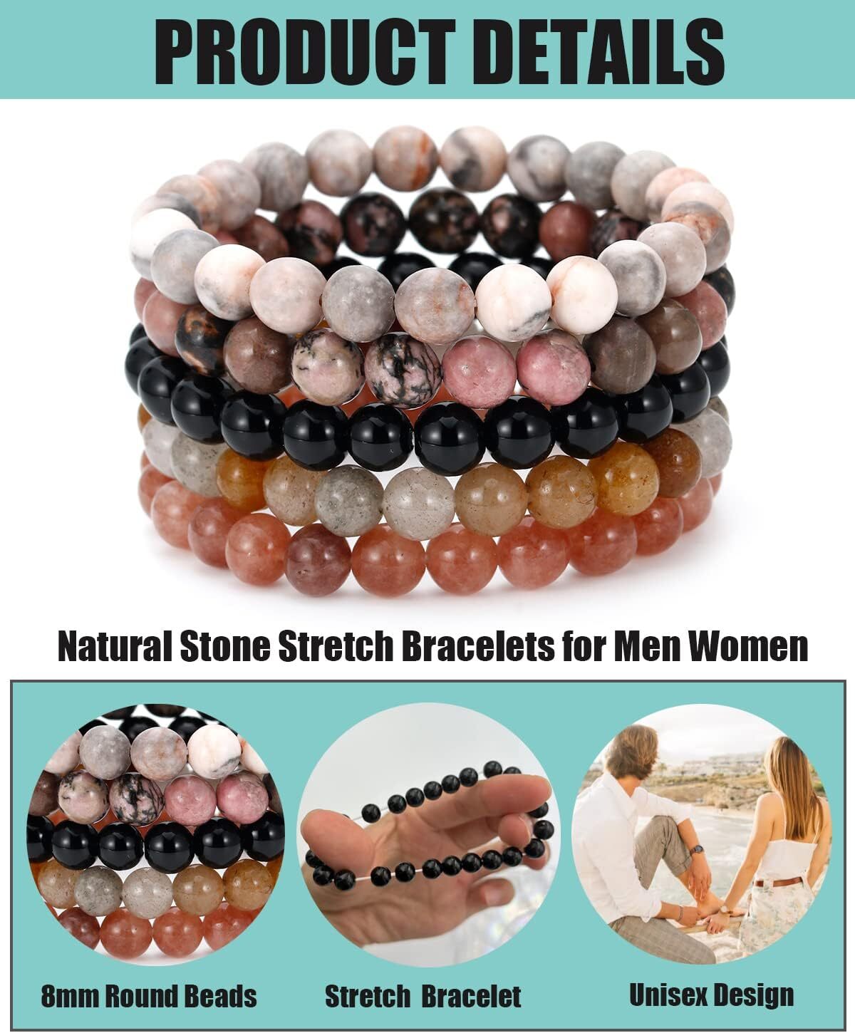 Semi-Precious Gem Bracelet Round Beaded Stretch Bracelets Stress Relief Bangle