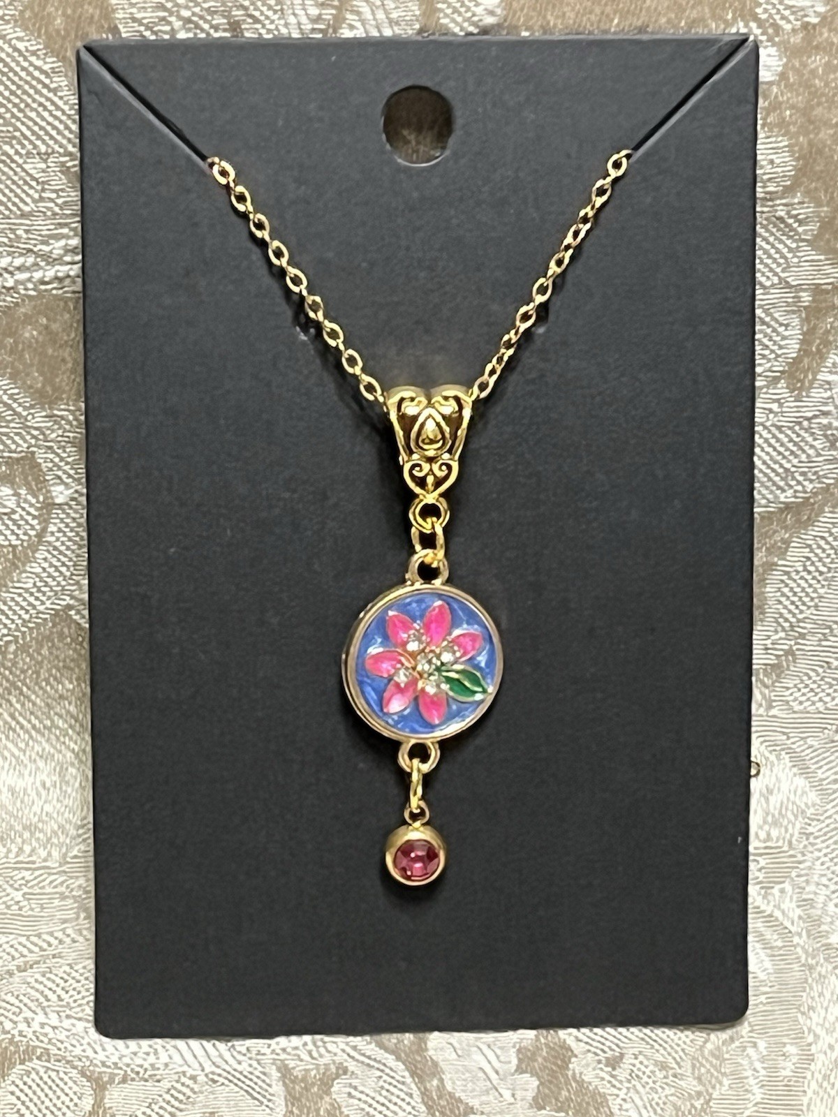 Retro Floral Gem Enamel Pendant Silver 18” Necklace Bohemian Floral Novelty