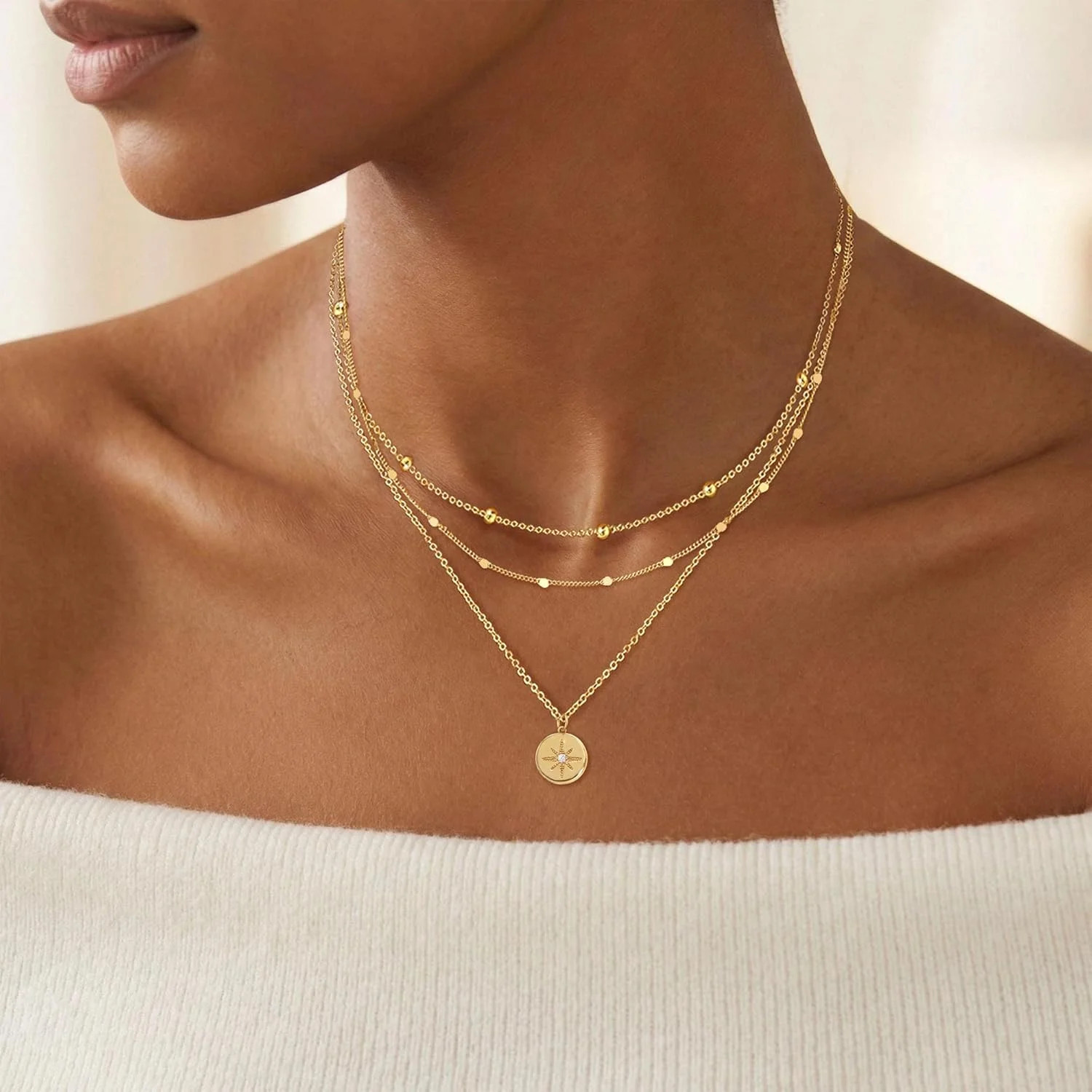 Layered Necklaces for Women, Dainty 14K Gold Plated Circle Peadant Chain Necklac