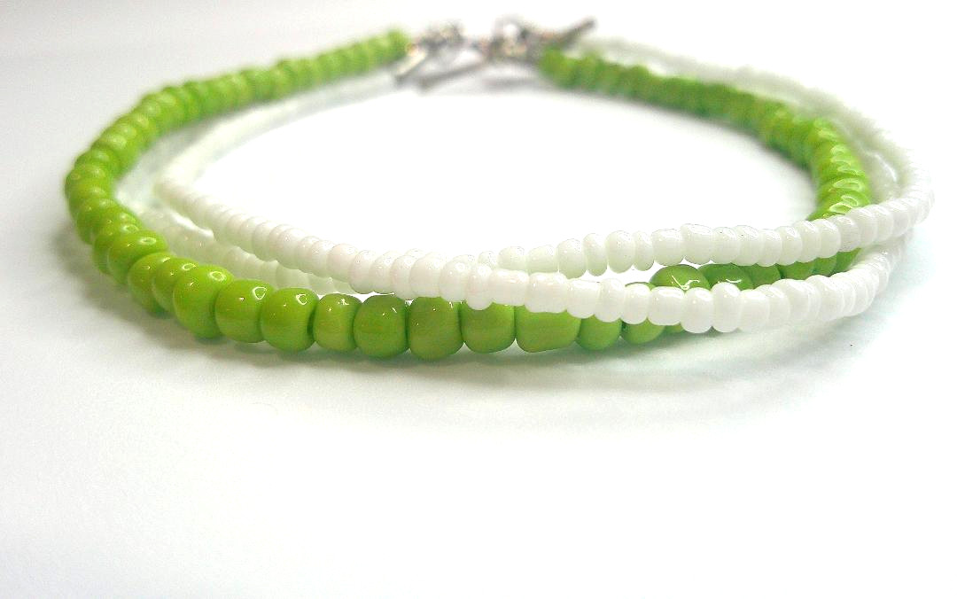 Green White Bracelet Handmade MultiStrand Ceramic Beaded Colorful 9 in Plus Size