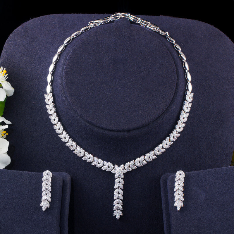 Silver Plated Leaf Necklace and Earrings Dangle Cubic Zircon Wedding Jewelry Set