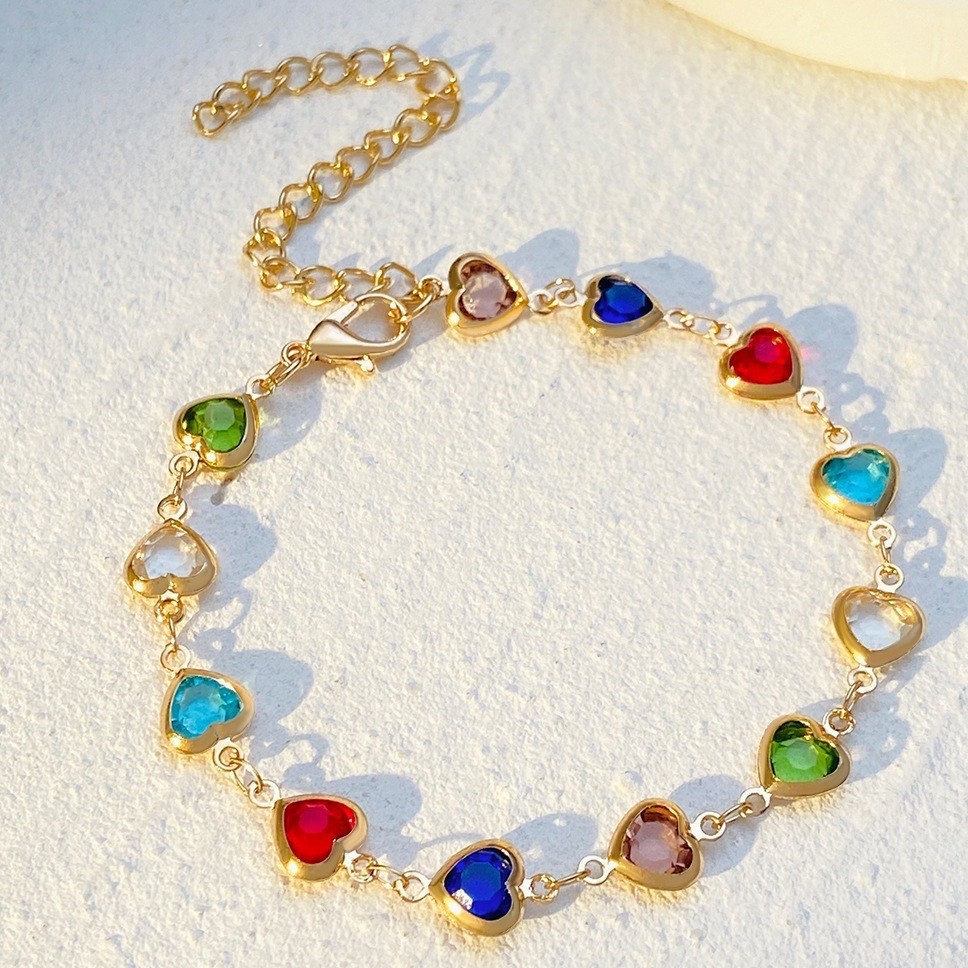 Colorful Shiny Cubic Zirconia Heart Design Beaded Bracelet