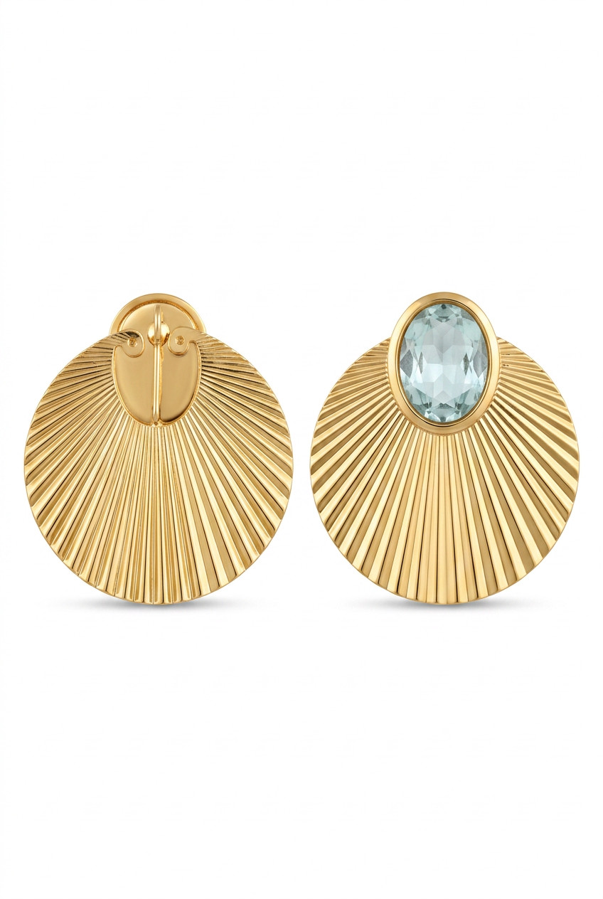 Vintage Gold Ribbed Fan Earrings with Clear Crystal