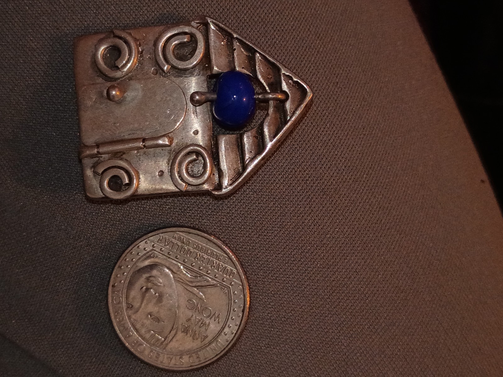 House Shaped Silver Tone Brooch Pin Hinged Door Blue Cabochon Red Heart
