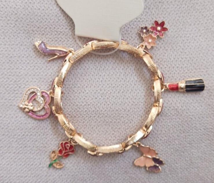 NWT Napier Gold Tone Love & Beauty Charm Stretch Bracelet Heart Rose Lipstick ++
