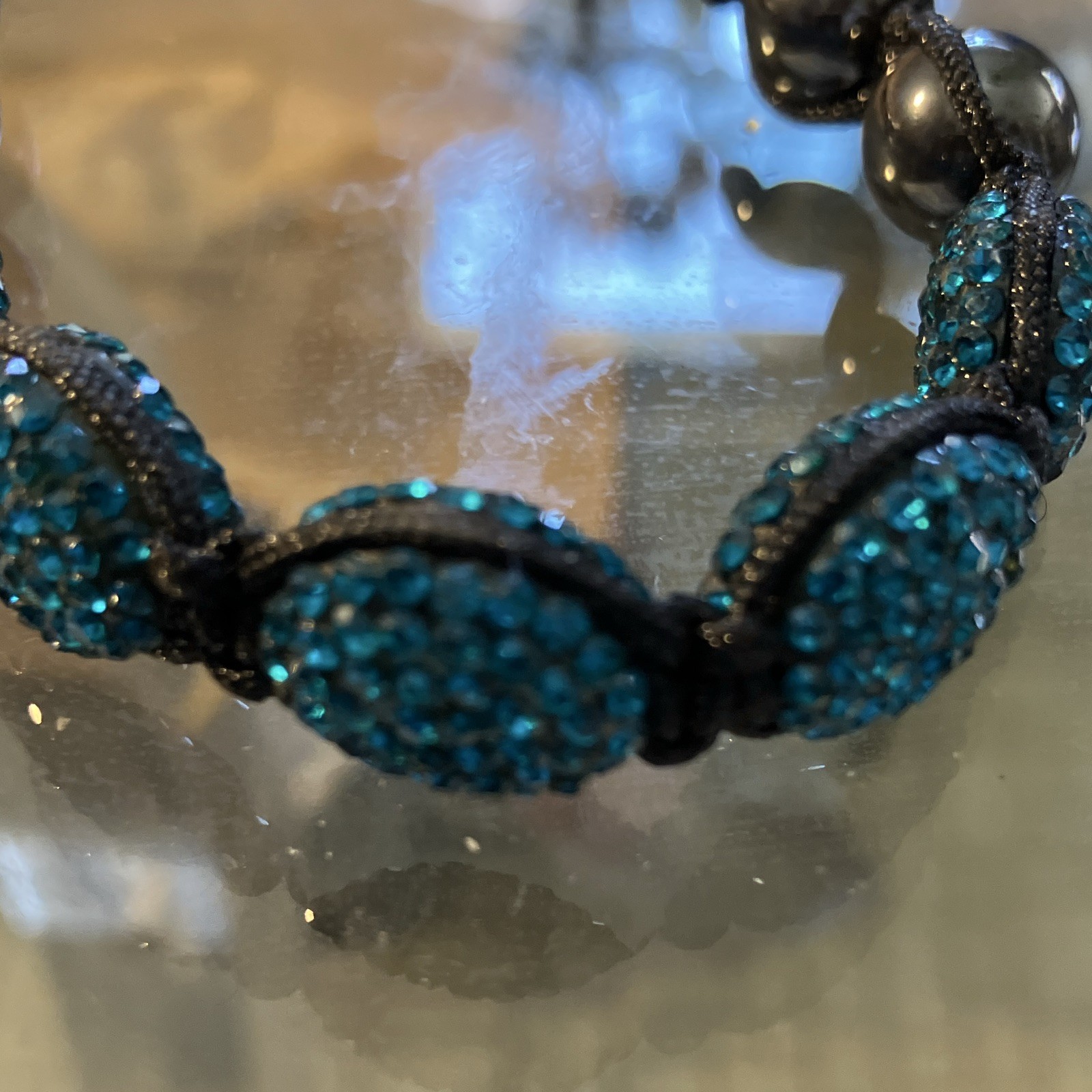 Blue Crystal Pave Beaded Adjustable Cord Bracelet – Slide Closure, Black
