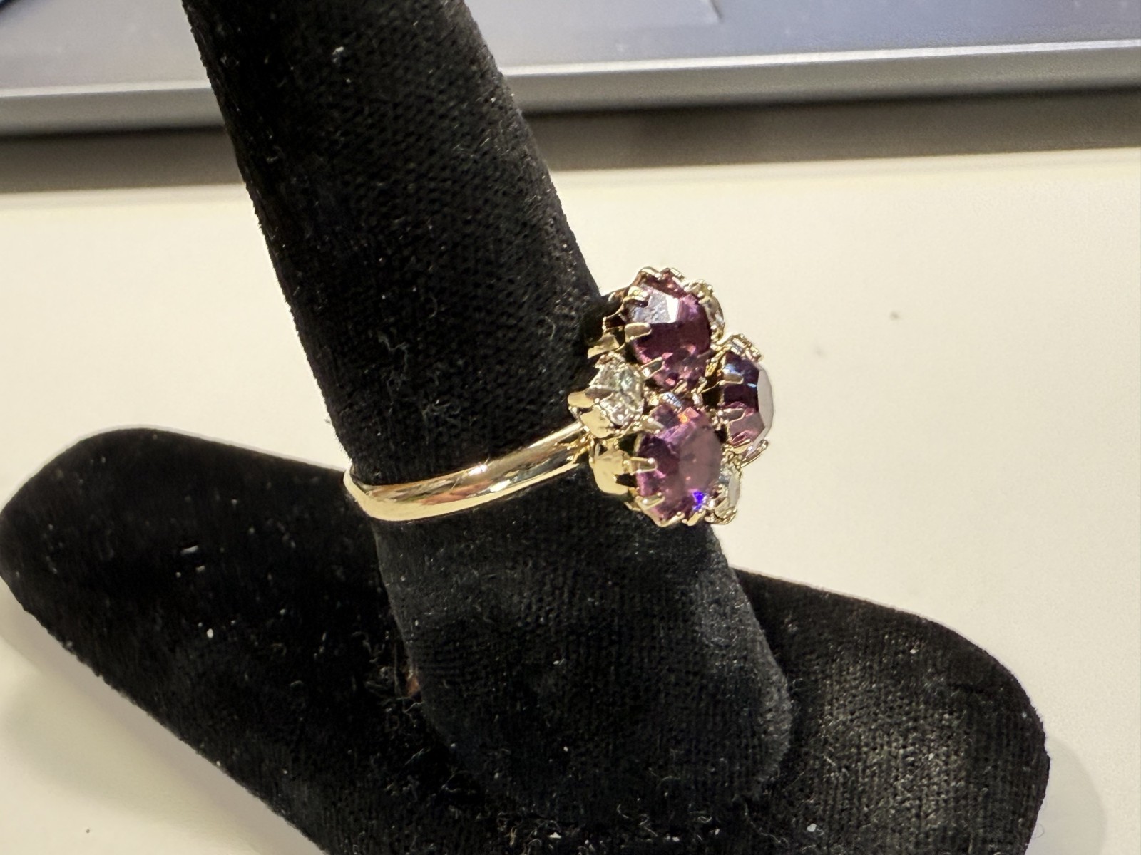 Gold tone with purple & clear stone cluster fashion ring Size 6.5 adjustable