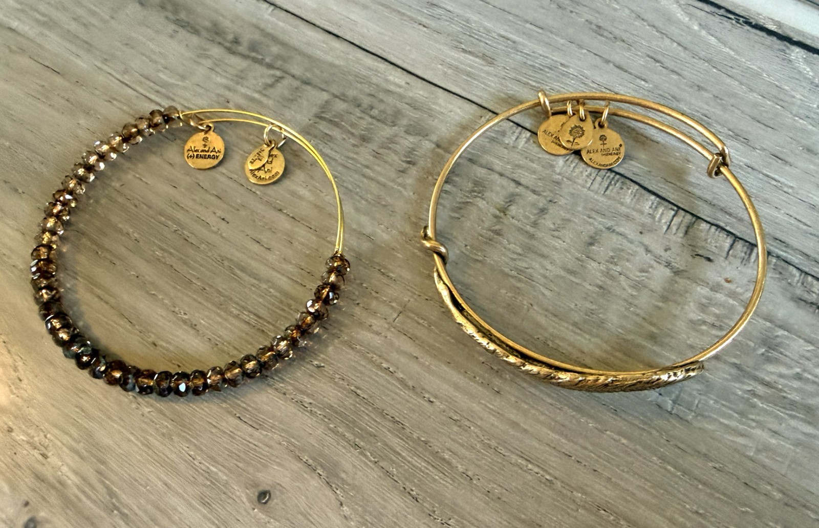 Alex and Ani Rafaelian Gold Finish Expandable Bracelet Set Feather & Beaded