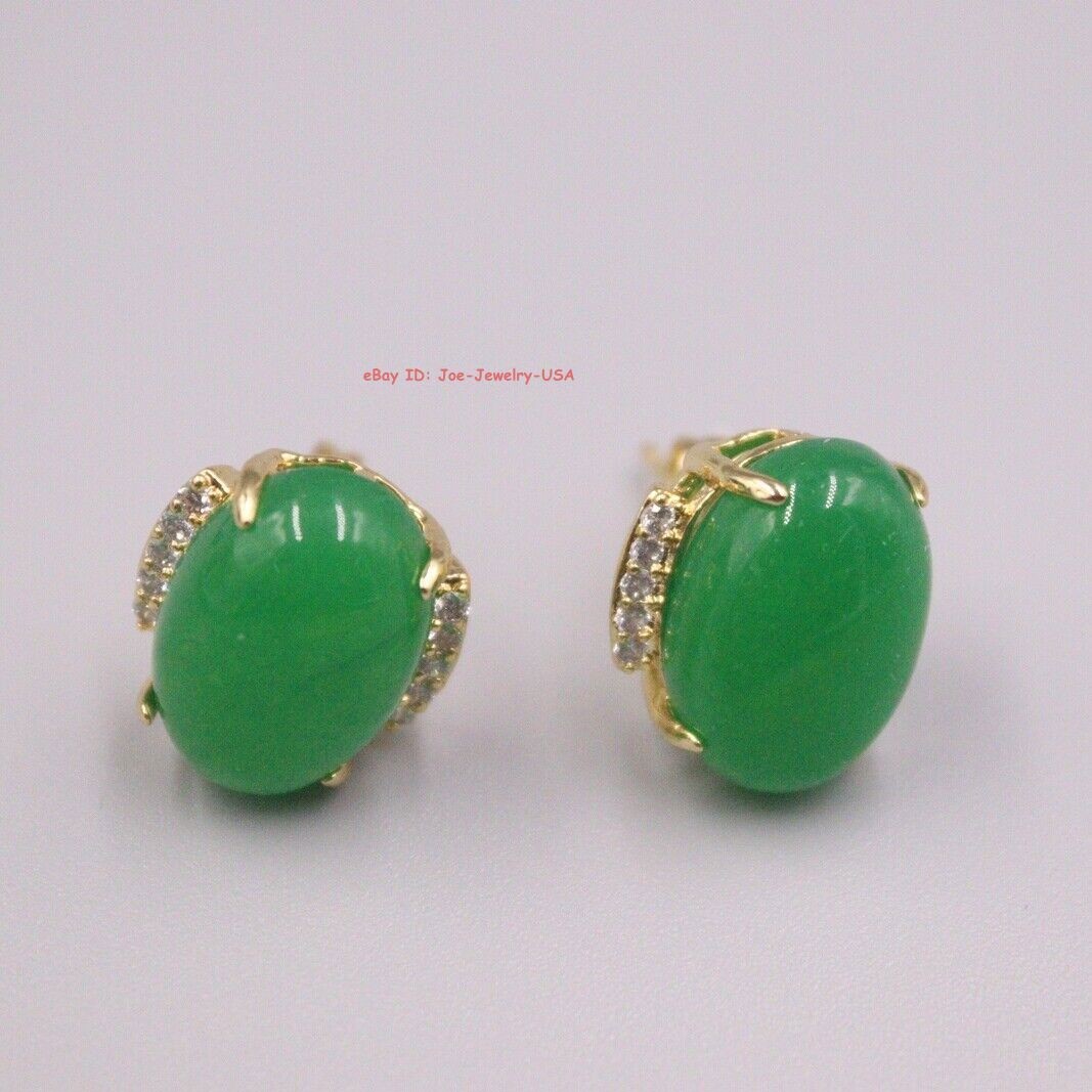 Gold-Pated Alloy with Heated Oval Dark-Green Jade Stud Earrings 10mm W