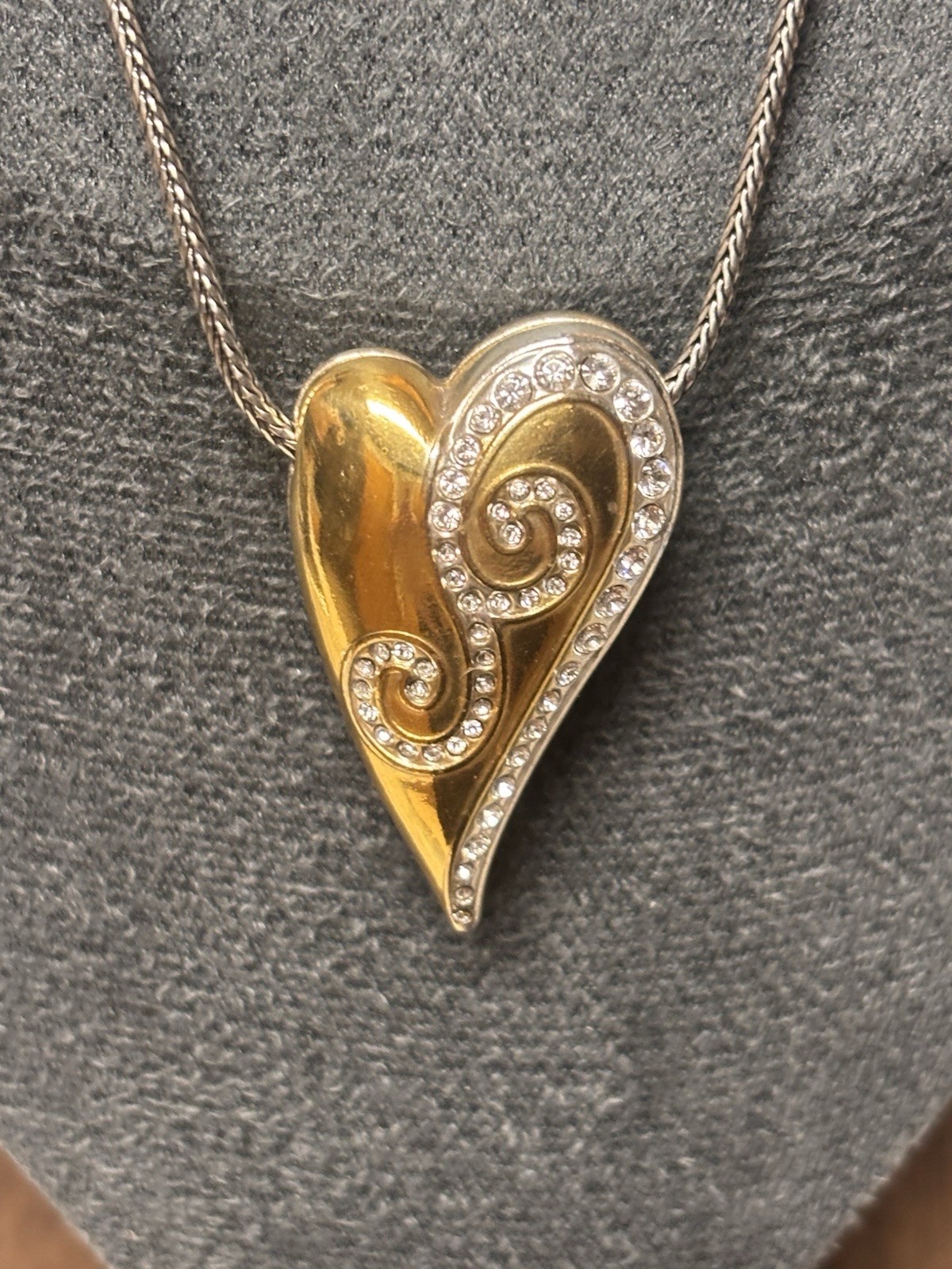 Brighton Puffy Two-Tone Heart Crystal Pendant Necklace Silver Gold Reversable