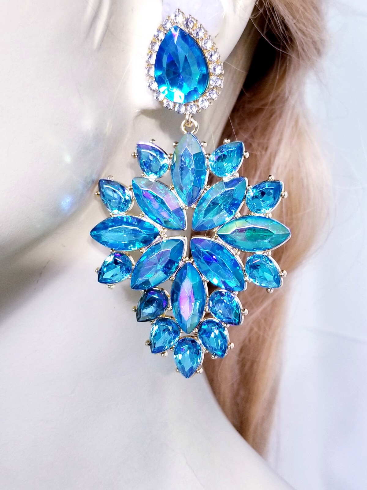 Aqua Crystal Bridesmaid Rhinestone Chandelier Drop Earrings 3.6 inch Jewelry