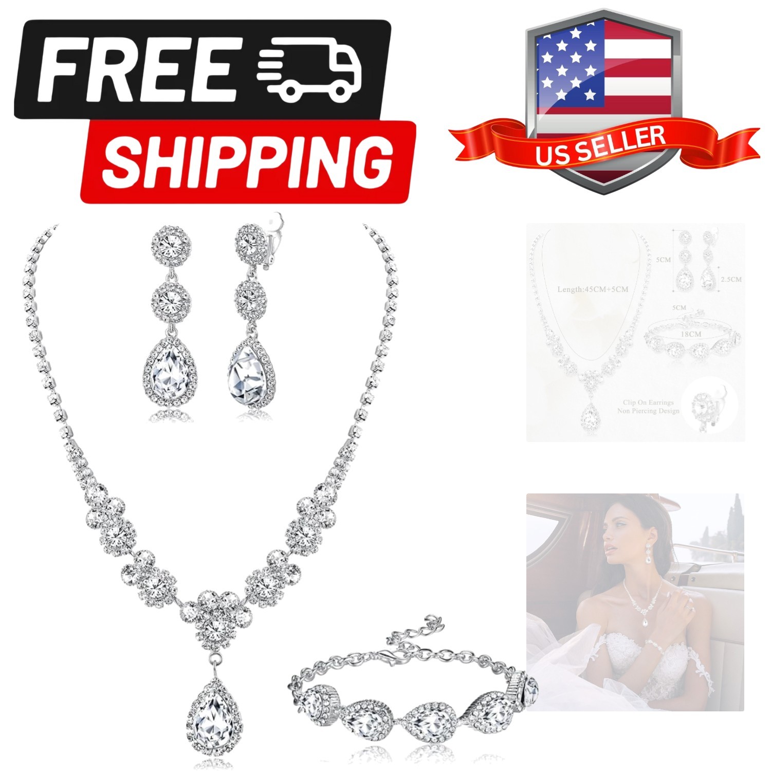 Rhinestone Bridal Jewelry Set Necklace Bracelet Clip On Earrings for Brides B…
