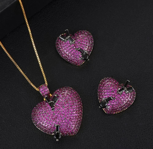 18K Gold Plated Lab Pink Sapphire Heart Pendant Necklace Earrings Valentine Gift