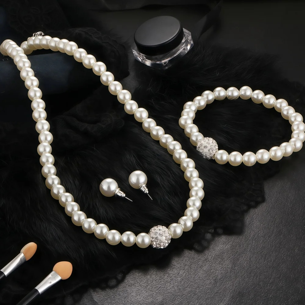 3PCS Pearl Jewelry Set Necklace Bracelet Earring Stud Gift Set For Women