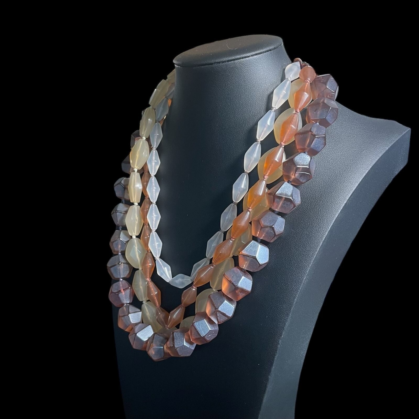 Multi Strand Layered Faceted Beaded Necklace Earthy Elegant Statement Adjustable
