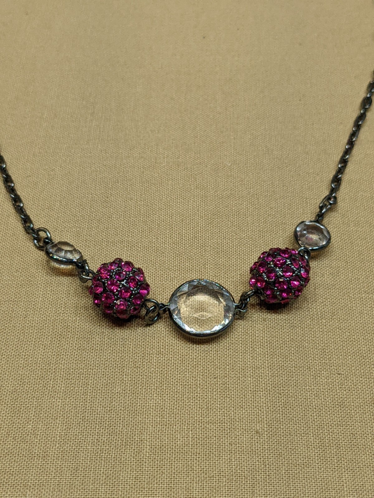Pink Rhinestone Disco Ball Necklace Clear Crystal Black Tone Chain ~48″