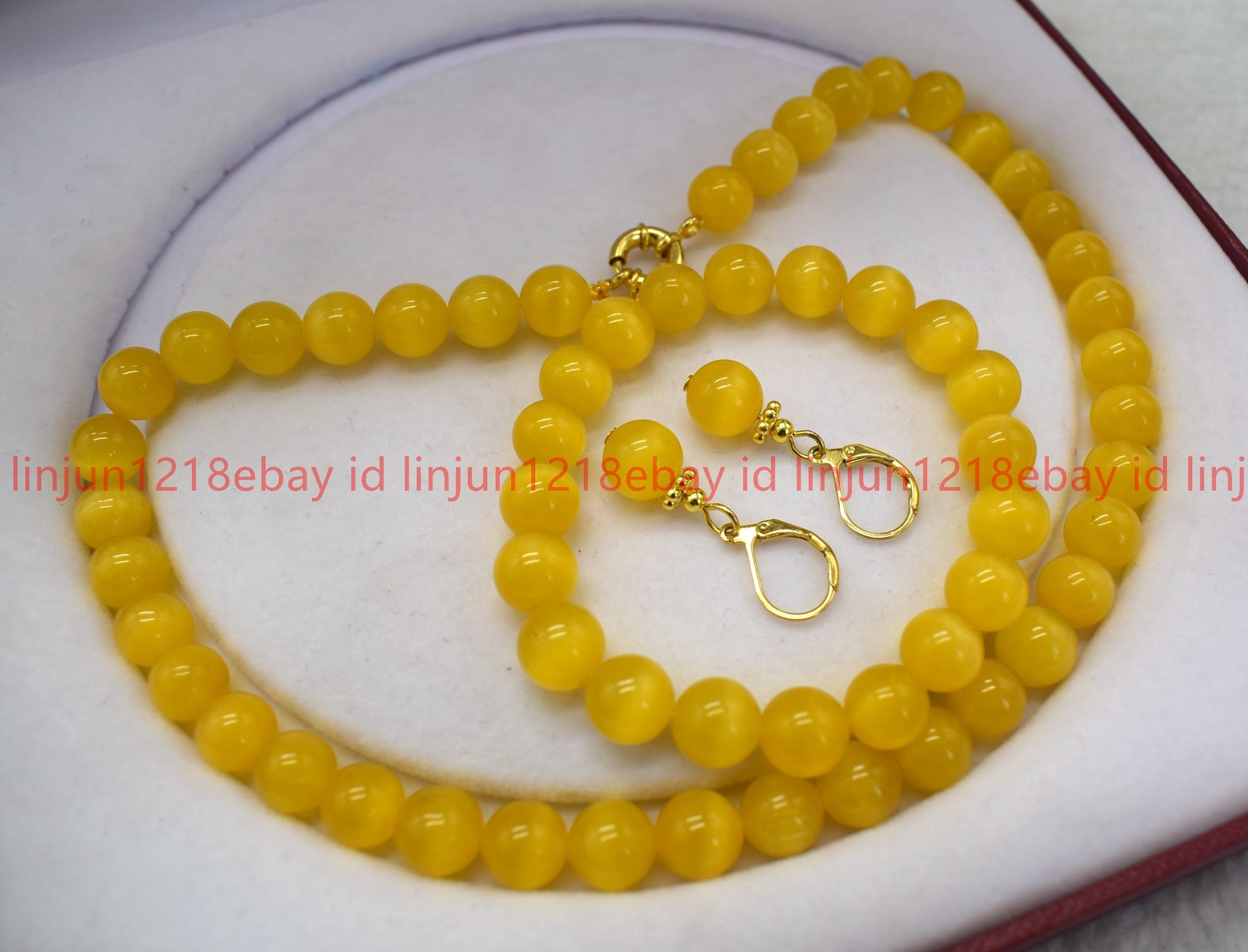 Natural 10mm Yellow Cat Eye Round Gemstone Beaded Necklace Bracelet Earrings Set