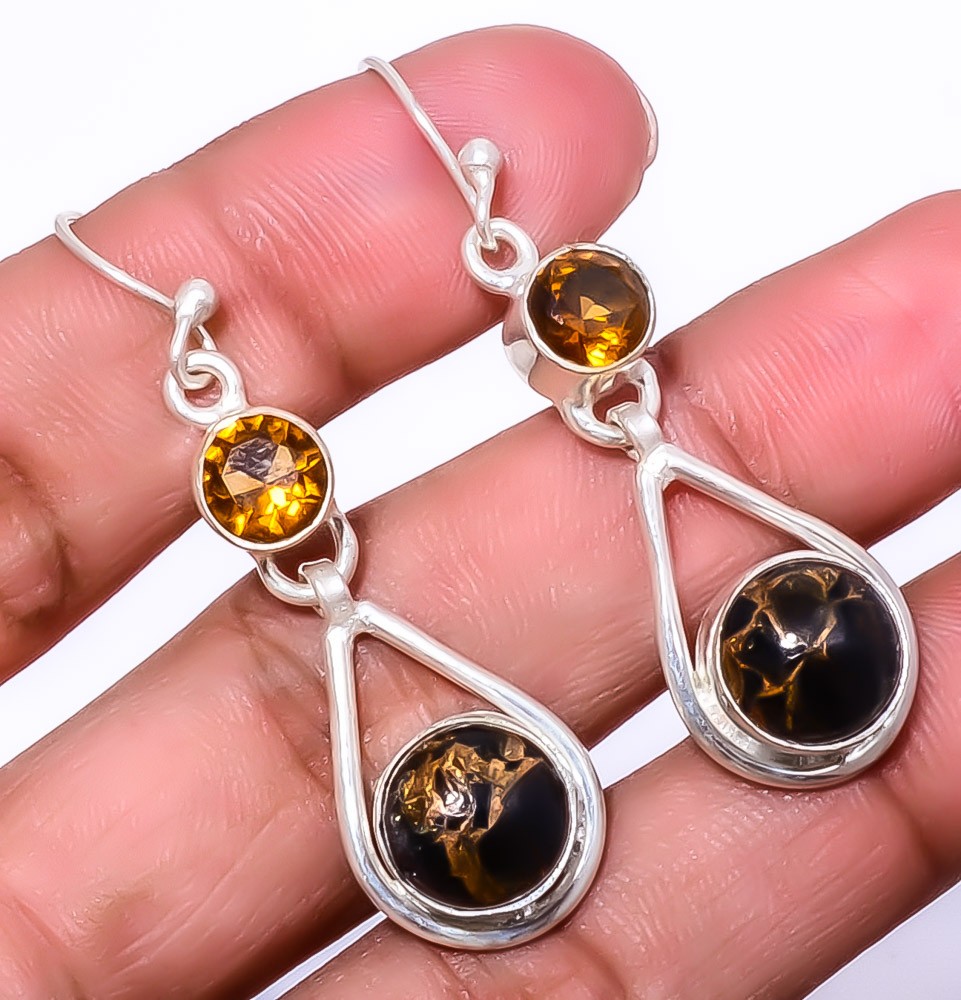 Copper Black Turquoise, Smoky Quartz 925 Sterling Silver Earring 1.44″ E135