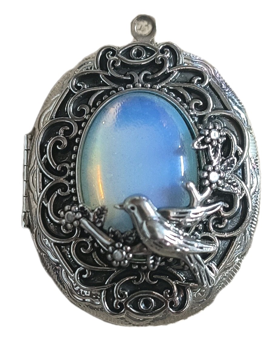 Opalite Locket W Bird Filagree SilverPlated Ornate Oval Pendant 2″ Statement Gem