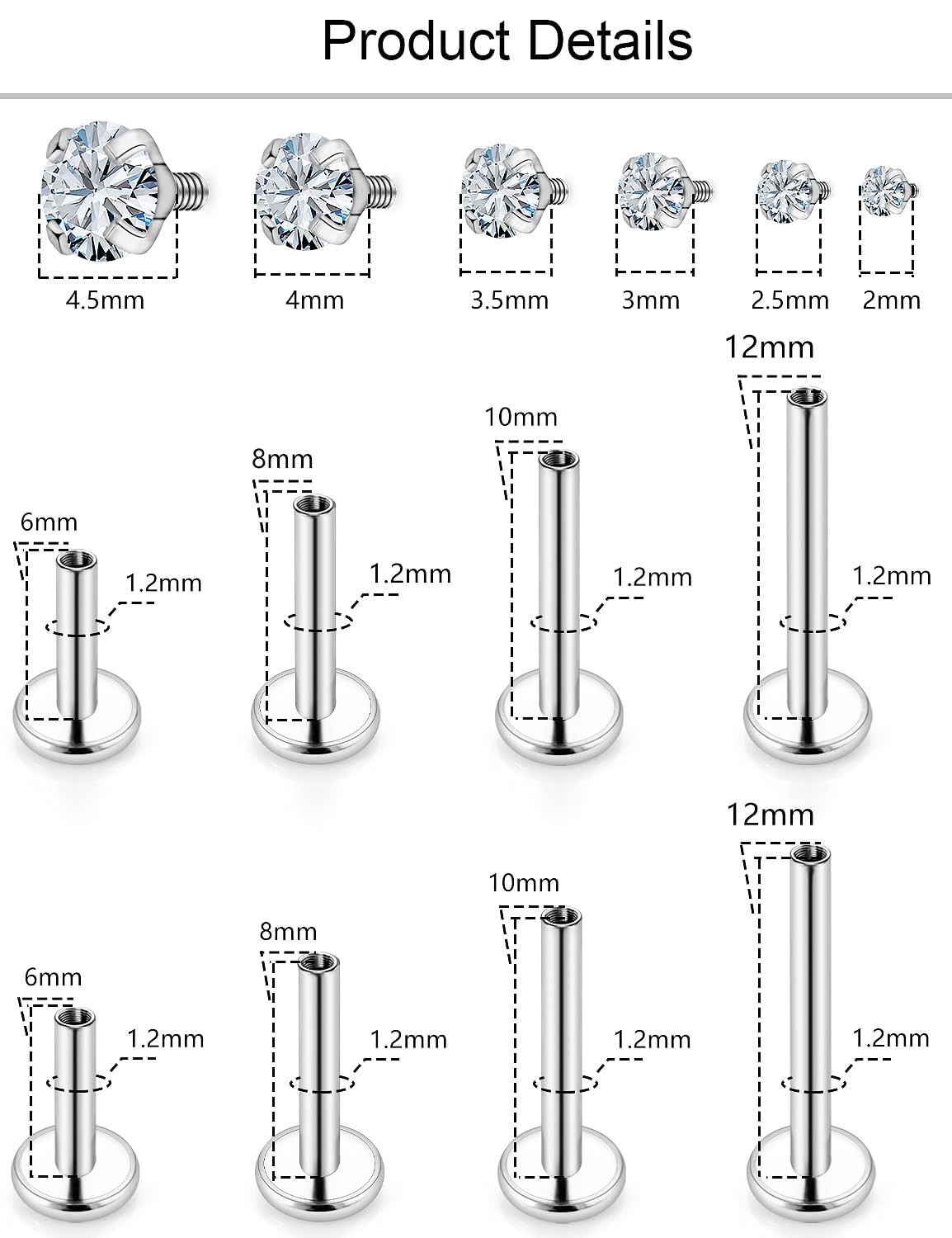 Msndnkwo Medusa 6mm, 8mm, 10mm, 12mm, Silver 16G Studs Piercing Jewelry