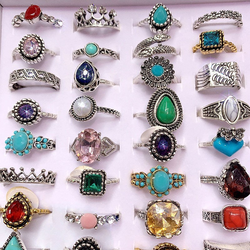 50pcs Bulk Lots Vintage Crystal Stone Mix Plated antique silver Jewelry Ring