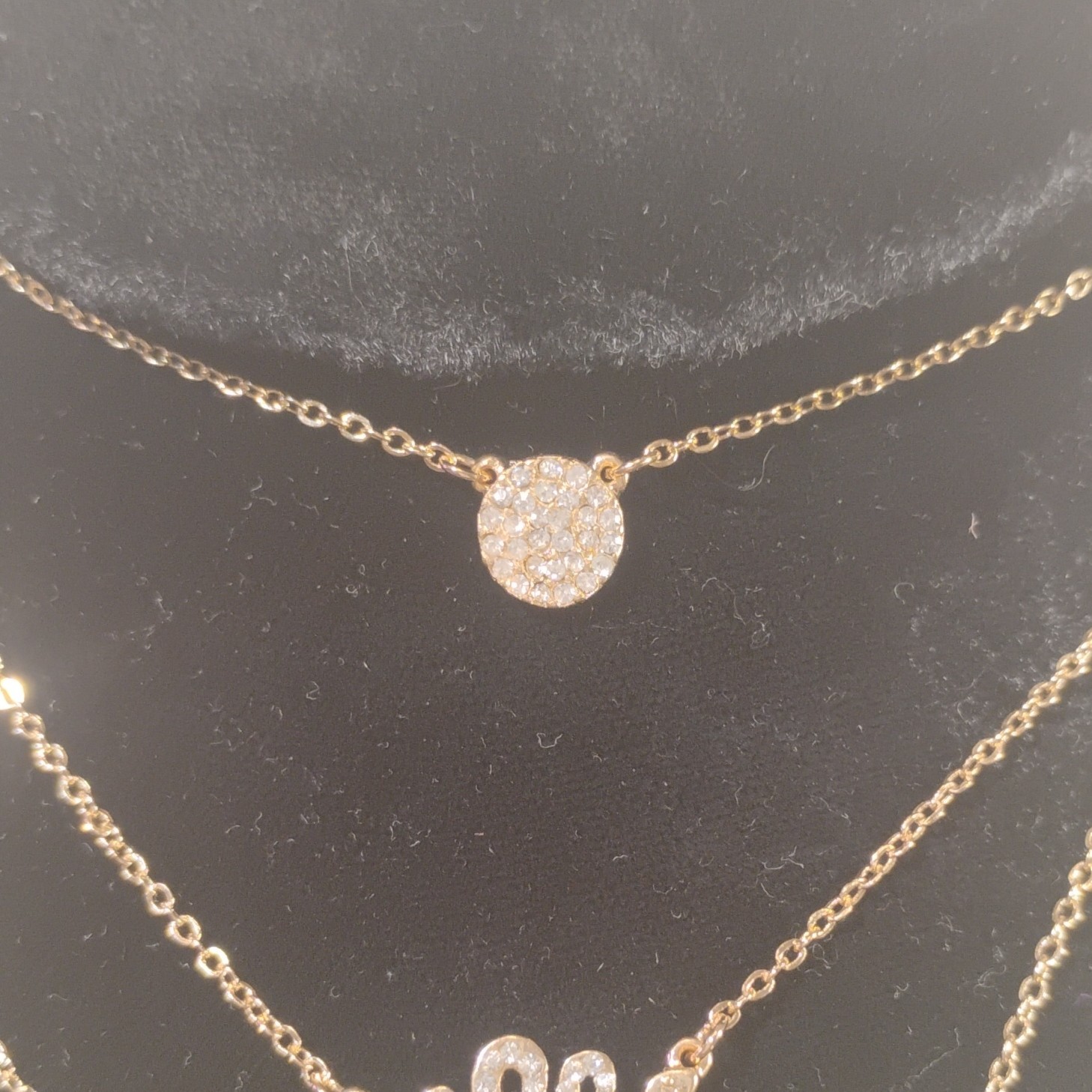 Gold-Tone Layered Cable Chain Necklace Pavé Rhinestone Charm Pendants Adjustable