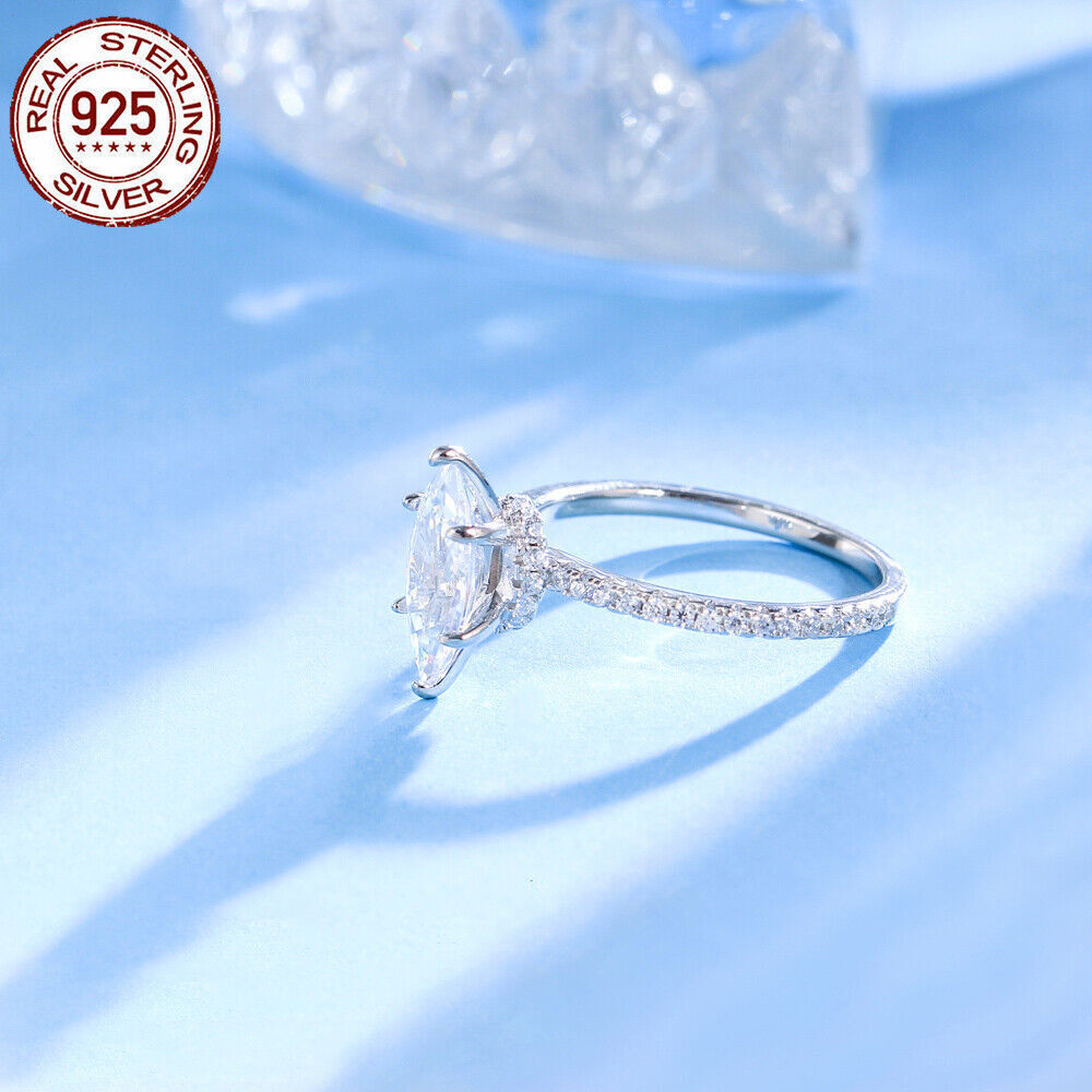 925 Sterling Silver Ring Gold Plated CZ White Marquise Cut Wedding Engagement
