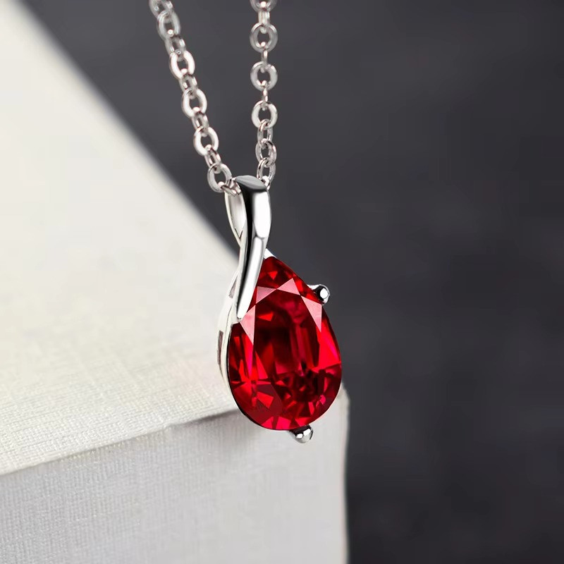 S925 Sterling Silver Angel Tears Red Crystal Pendant Necklace Women Jewelry