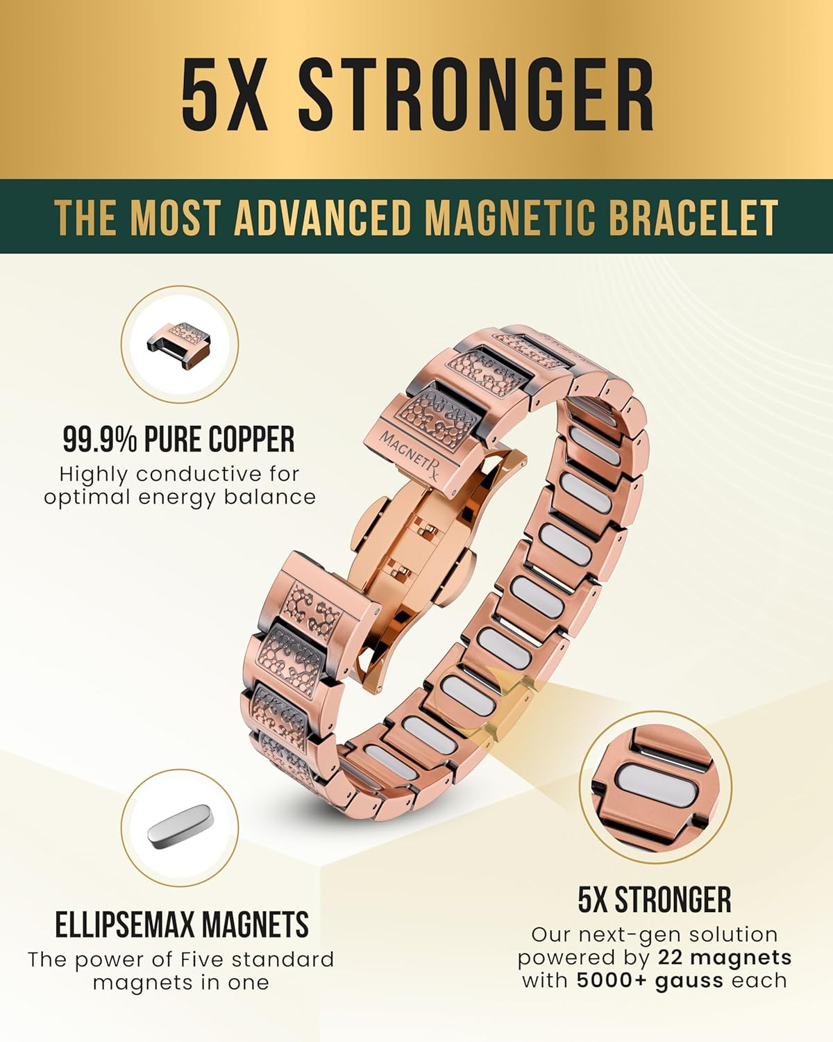 ® Copper Cross Bracelet for Men — Ellipsemax 5X Strength 5,000 Gauss Magnets — P
