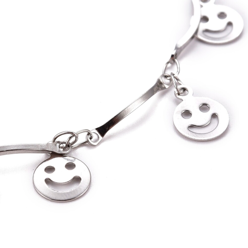 Stainless Steel Scalloped Bar Bracelet Smile Face Charms Lobster Silver 8″ Z154