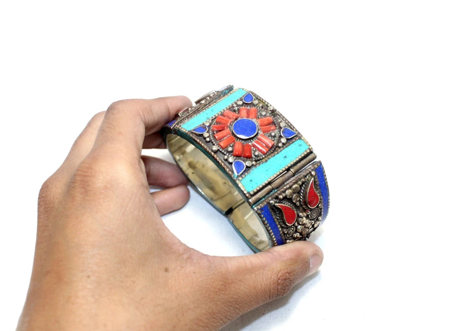 Turquoise Bracelet Alloy Steel Coral & Gem Stone Tibetan Nepal Handmade
