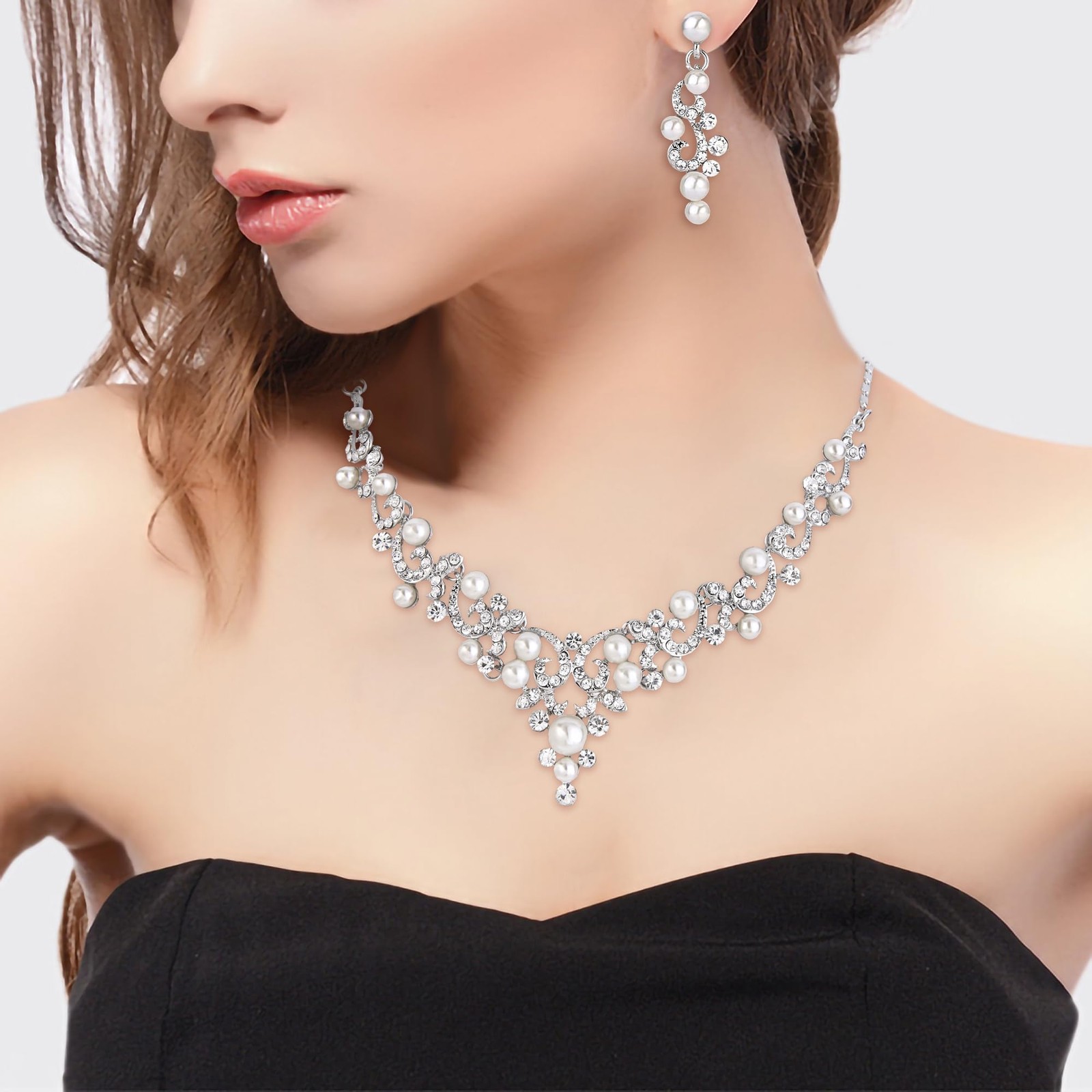 Wedding Bridal Simulated Pearl Necklace Earrings Jewelry Set for Women Filigr…