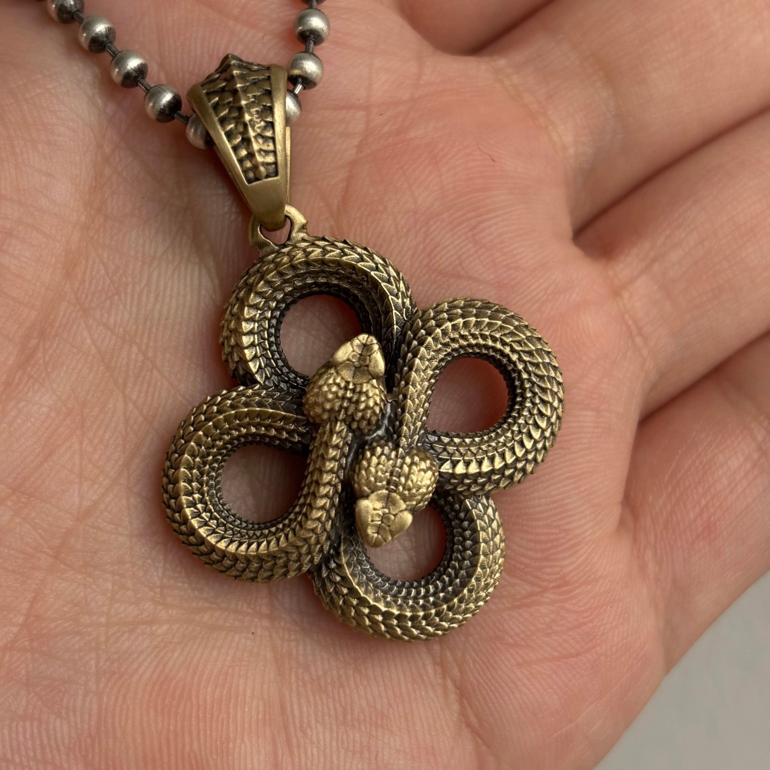 Brass Double Snake Pendant Infinity Design Black Zircon Eyes Renewal Symbol