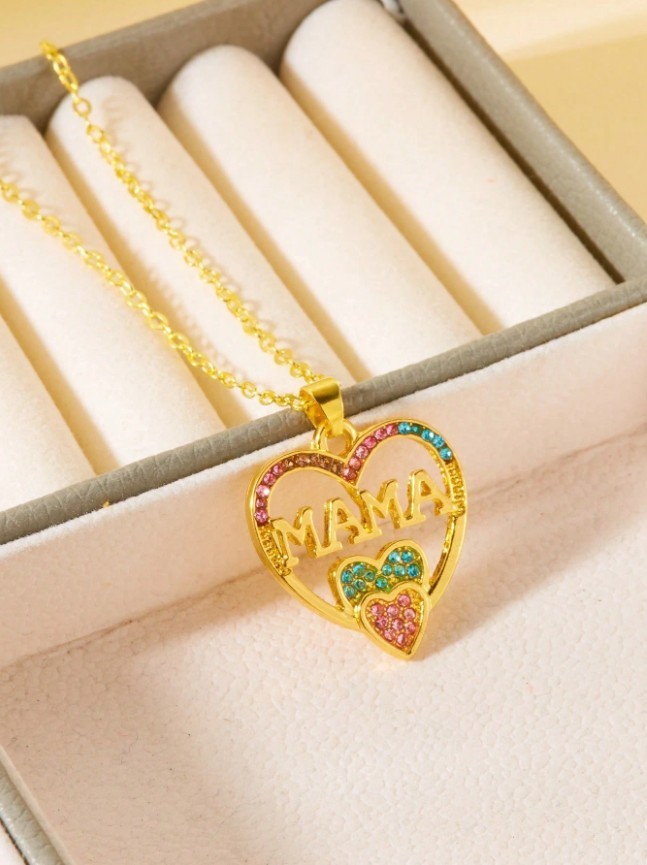 Gold, Blue, Pink MAMA Heart Necklace, Sparkly Jewelry Gift for Mom Mother’s Day