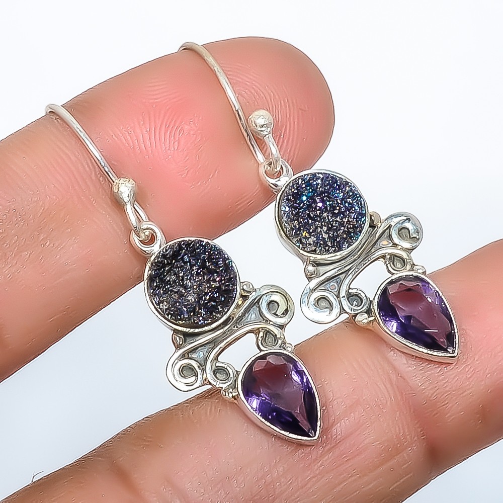 Titanium Agate Drusy & Iolite Handmade Silver Plated Earring .56″ S1950