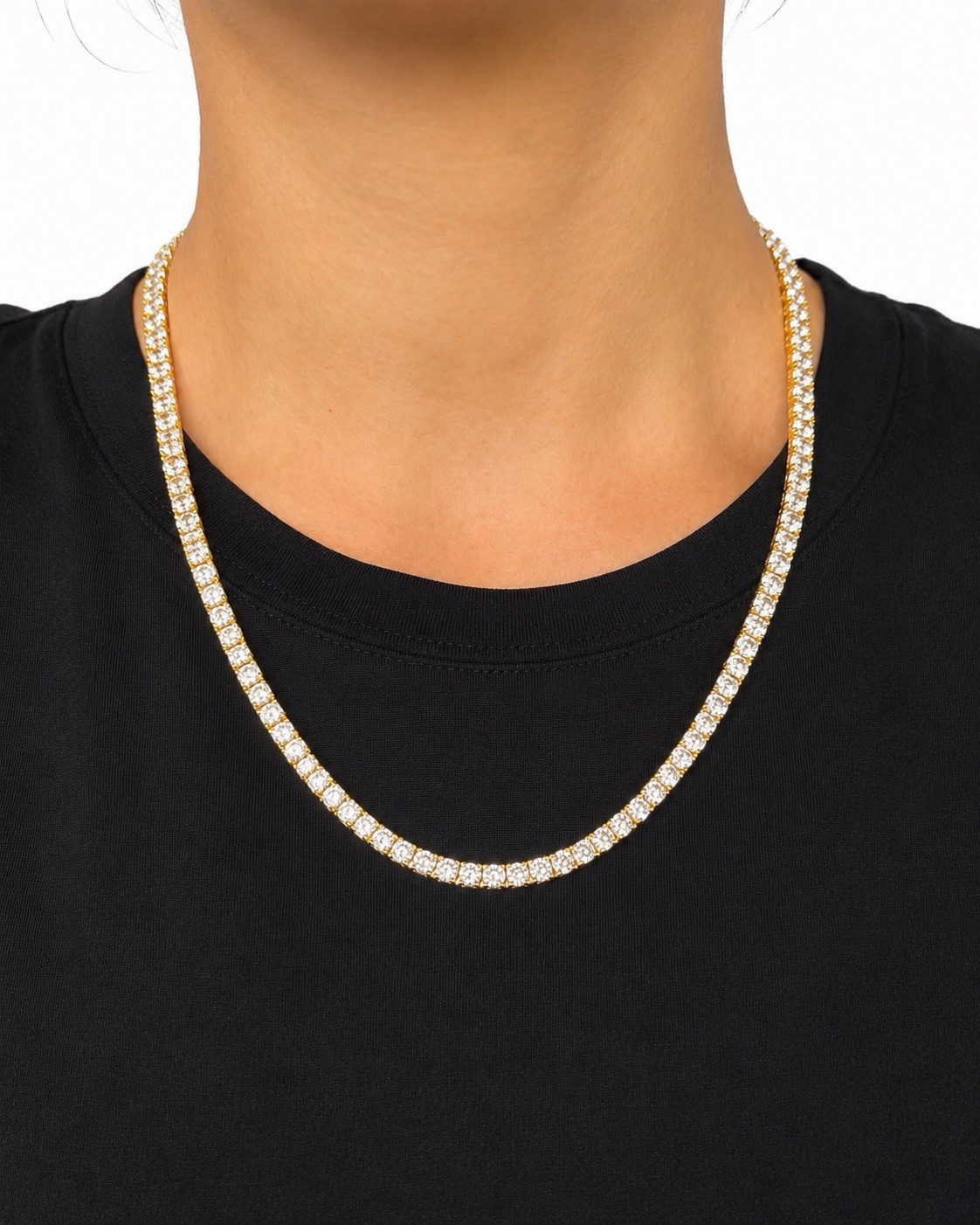 Yellow Gold tone Tennis Chain Necklace, Round Sim CZ Prong Set 🌟