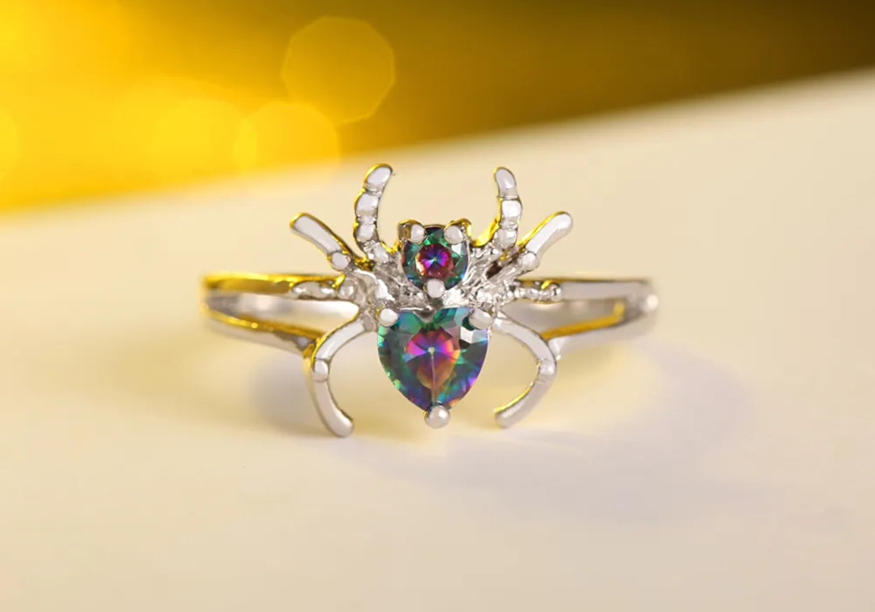 Rainbow Bling Spider in Cubic Zirconia Solitaire Silver Ring
