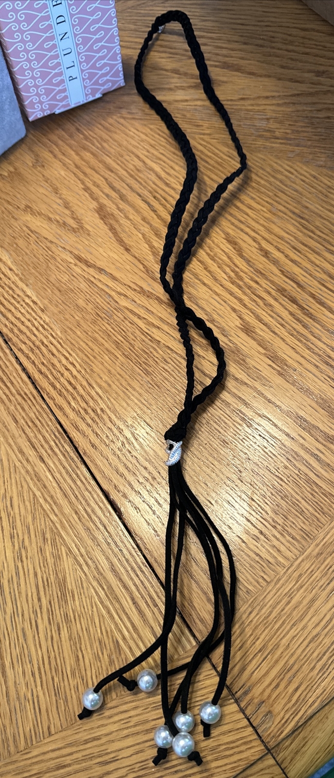 Plunder Design Fashion Trendy Jewelry Black Tie Boho Braided Cord Pearl Necklace