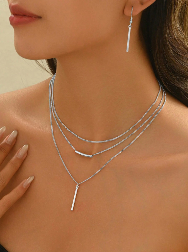 3PCS/Set Layered Women Jewelry Set Necklace Earrings Minimalist Pendant Gift For