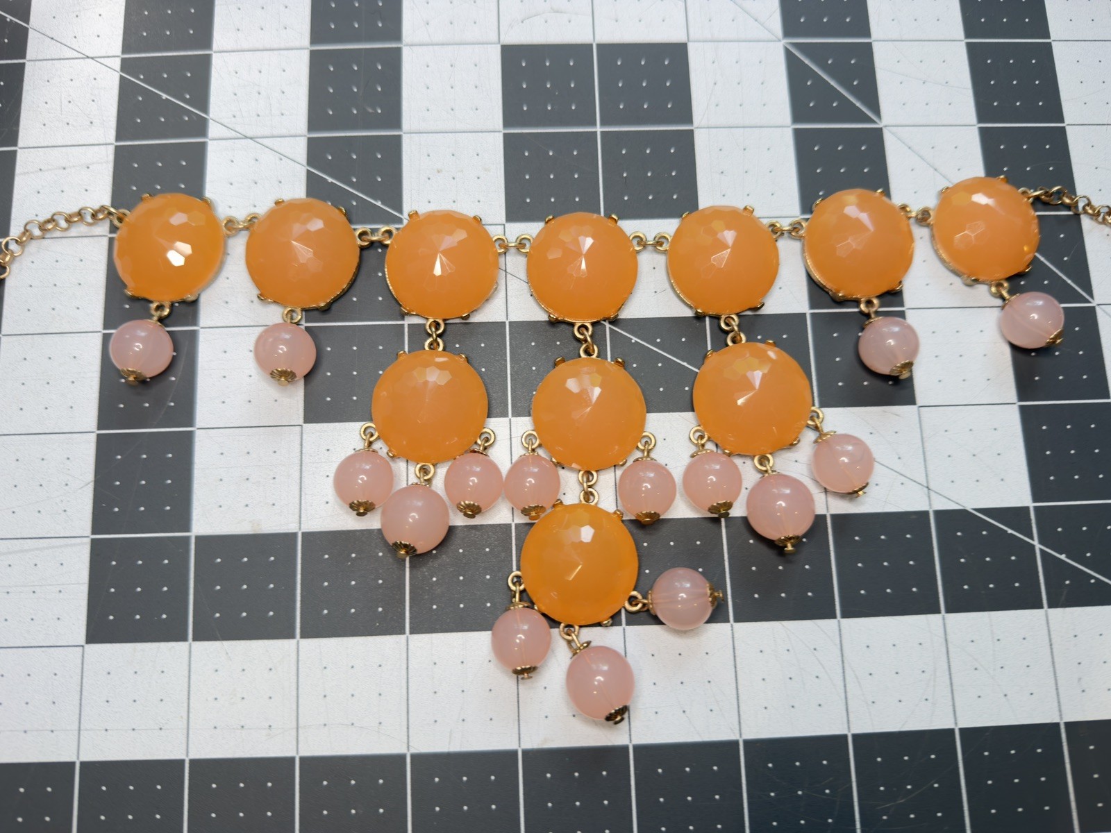 Bold Peach and Pink Chunky Statement Necklace Gold tone Bib Choker