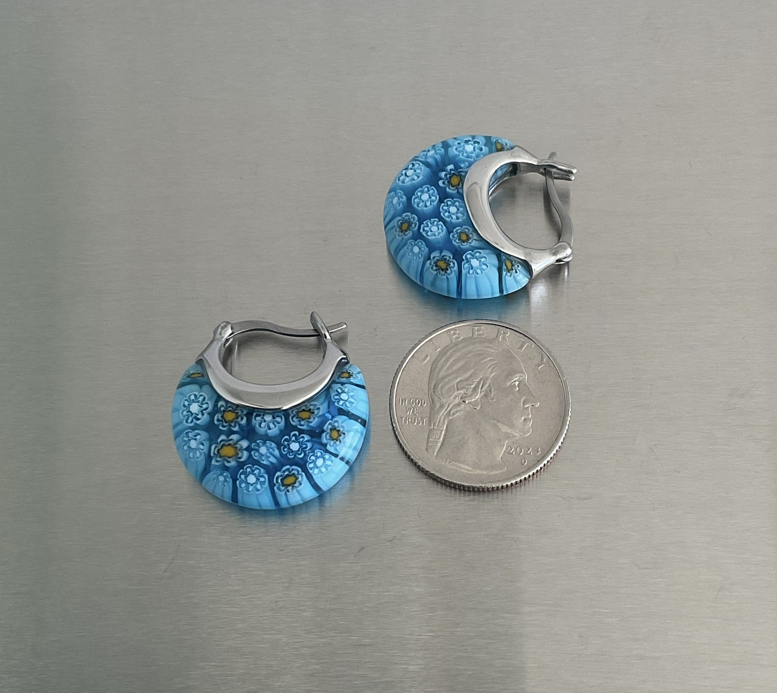 Blue Murano Millefiori Style Daisy Glass 1″ Hoop Earrings Stainless Steel