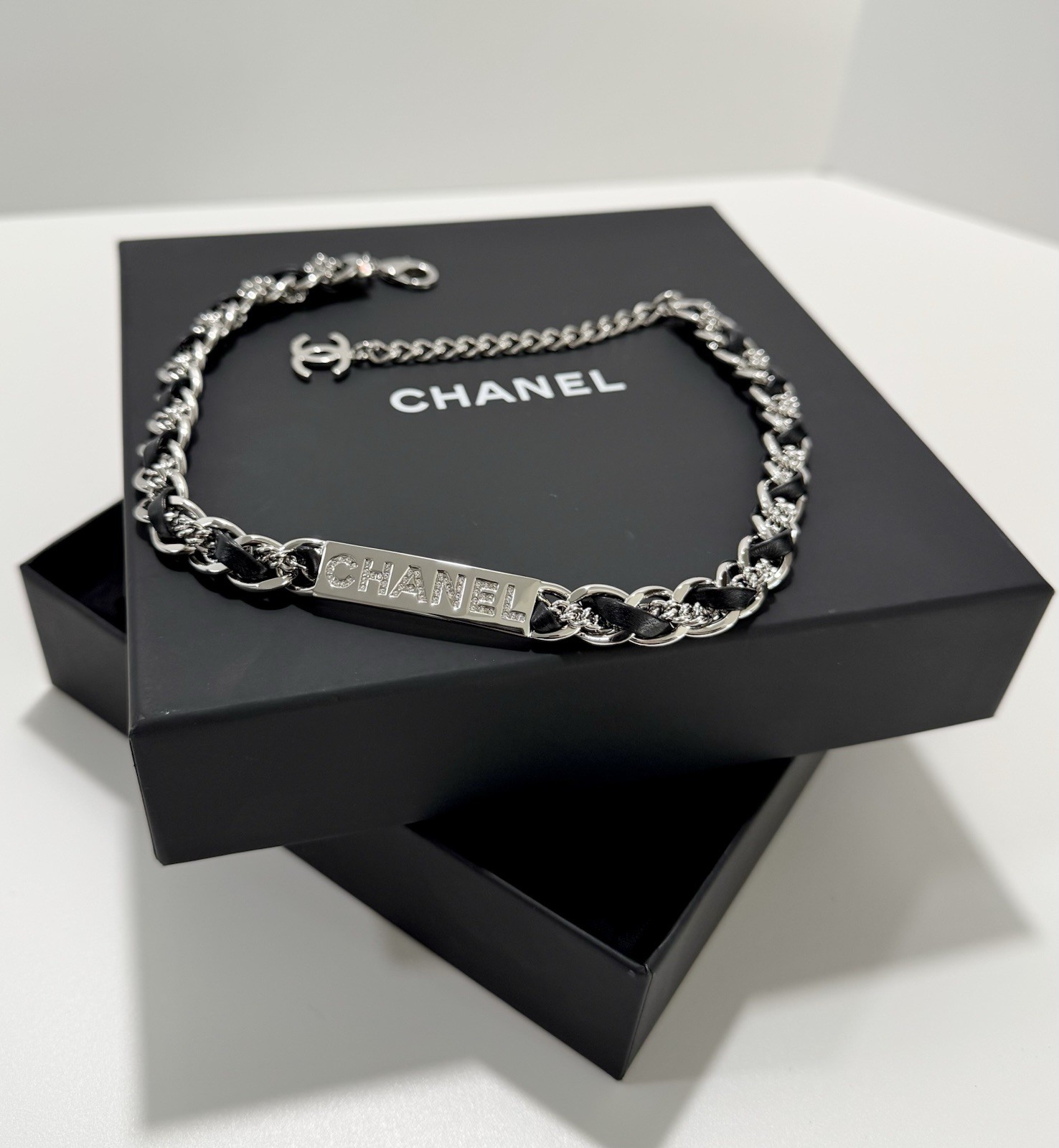 Chanel Necklace Black Leather Chain Crystal CC Choker 26C Authentic W/Box NWT