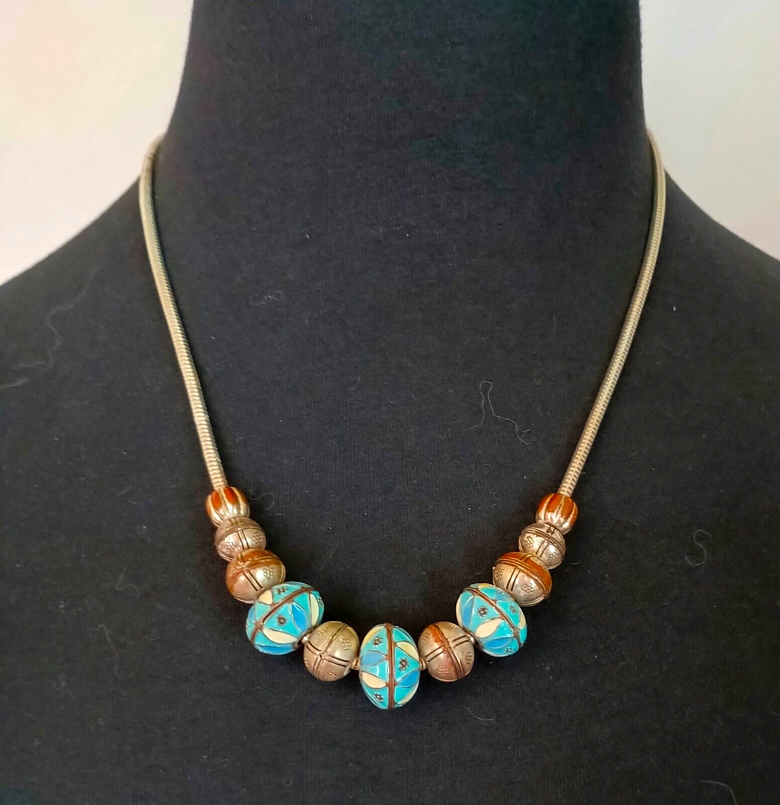 Vintage Fashion Necklace Pretty Enameled Metal Beads on a Silver Tone Chain