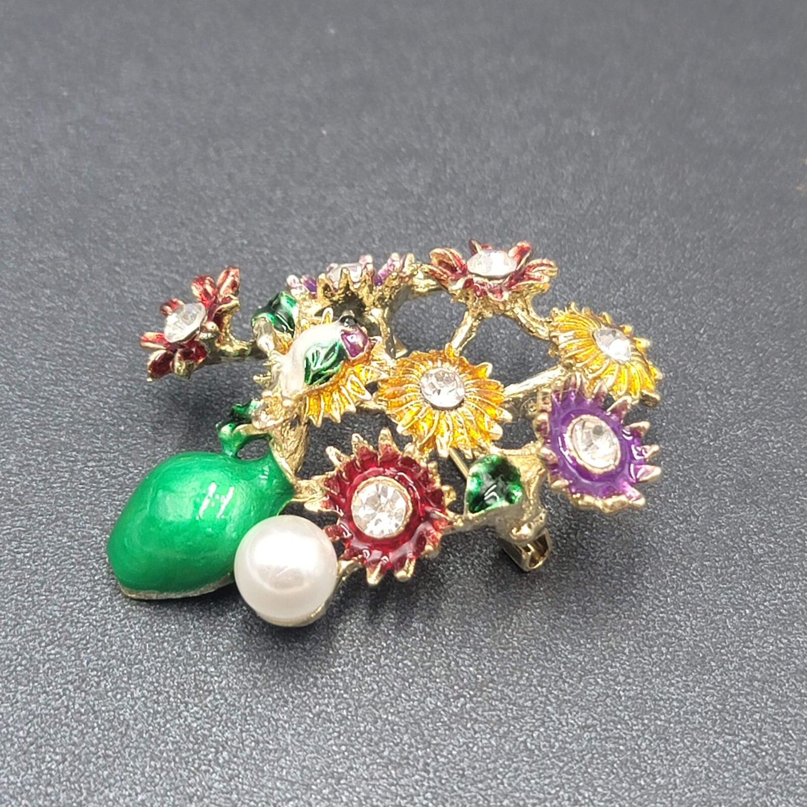 Crystal Rhinestone Flower Bouquet Brooch Pendant Green Enamel Multicolor 2.25″