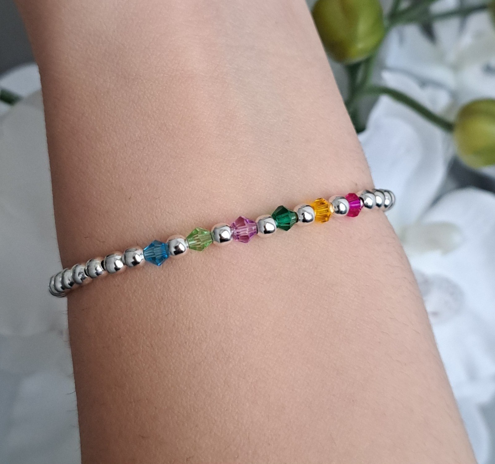Personalised Family Birthstone Silver Beaded Bracelet Mother’s Day Gift for Her