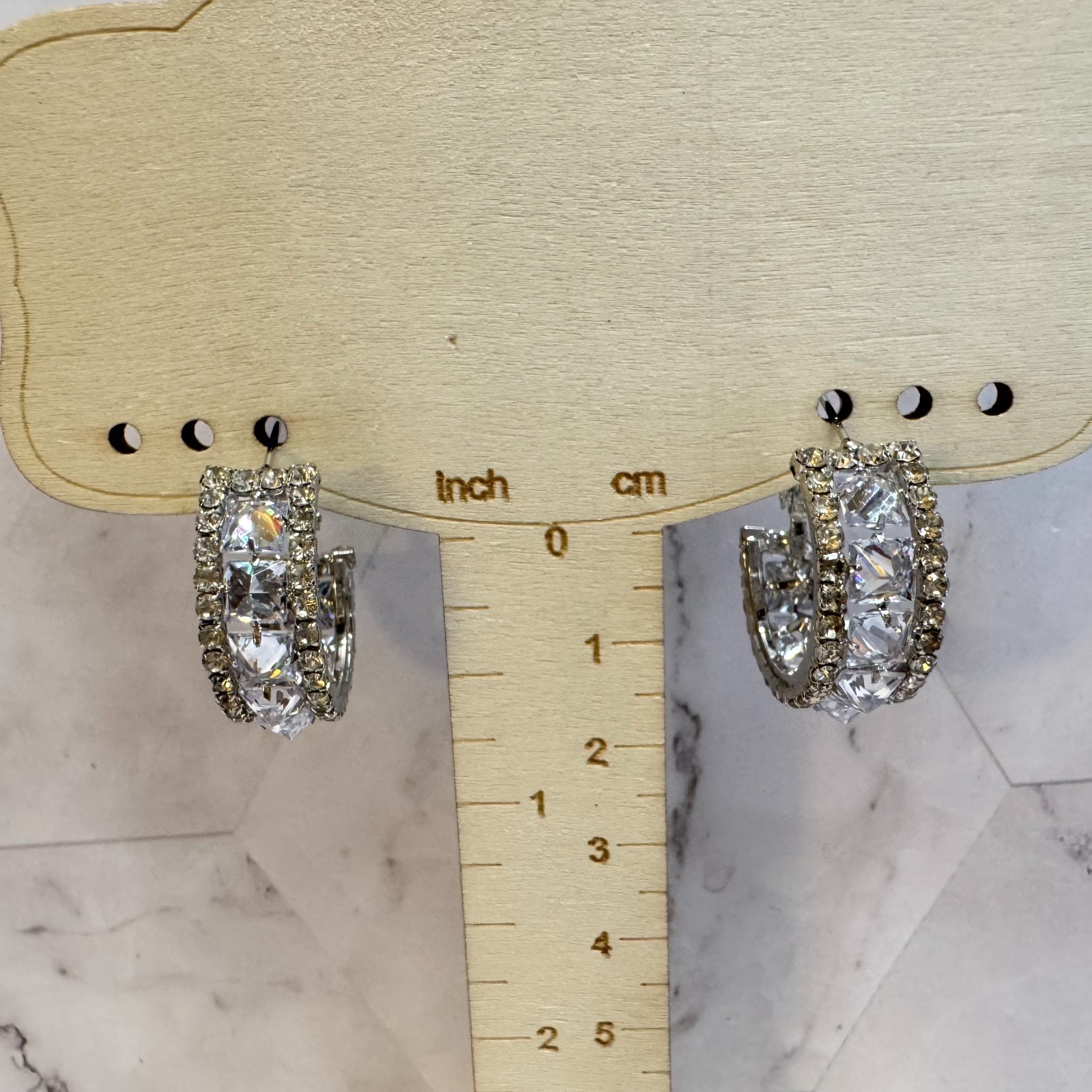 Diamond Zircon C Shaped Earrings Hoop Alloy Sparkly Silver Tone Omega Back Event