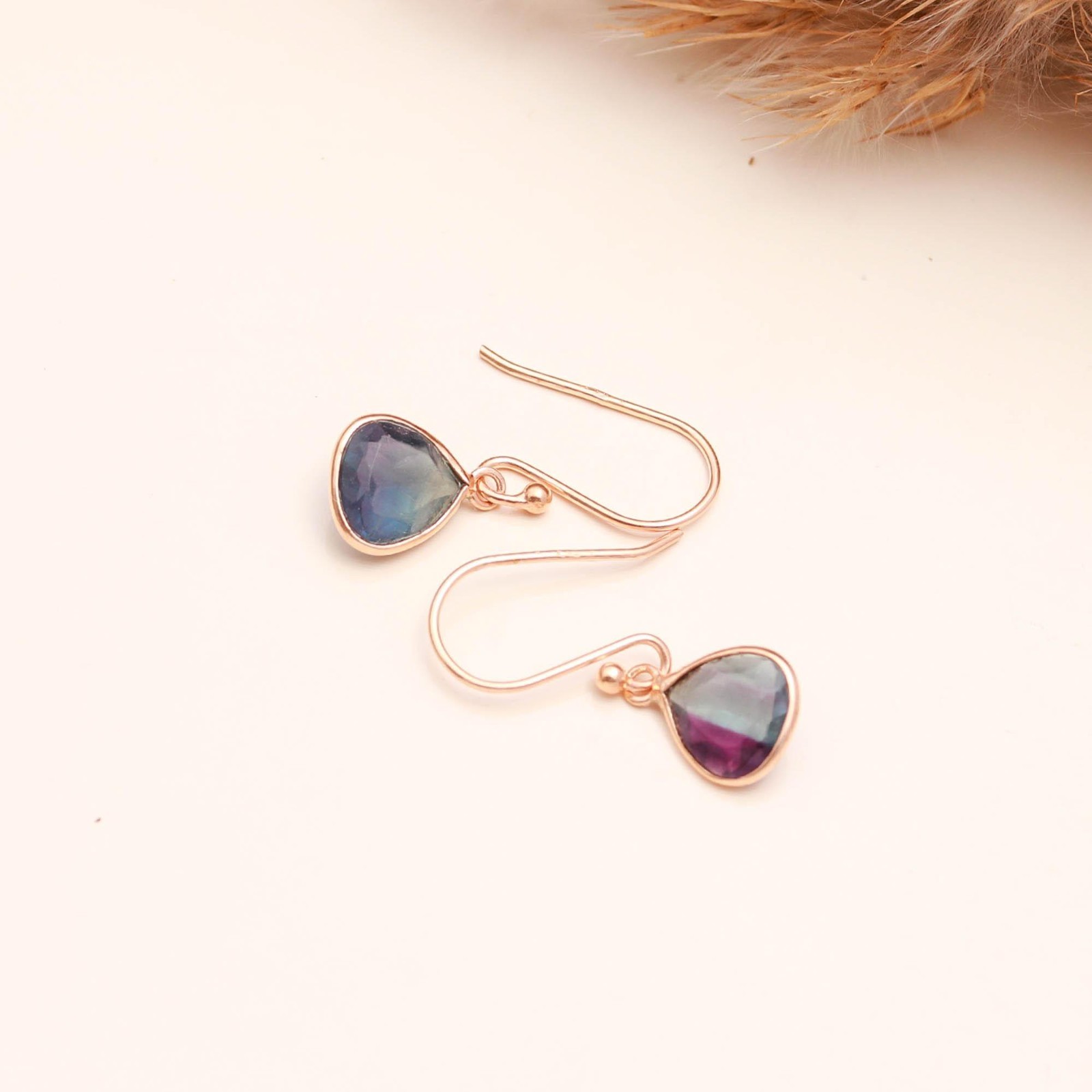 Natural Fluorite Heart Dangle Earrings Rose Gold Plated 925 Sterling Silver