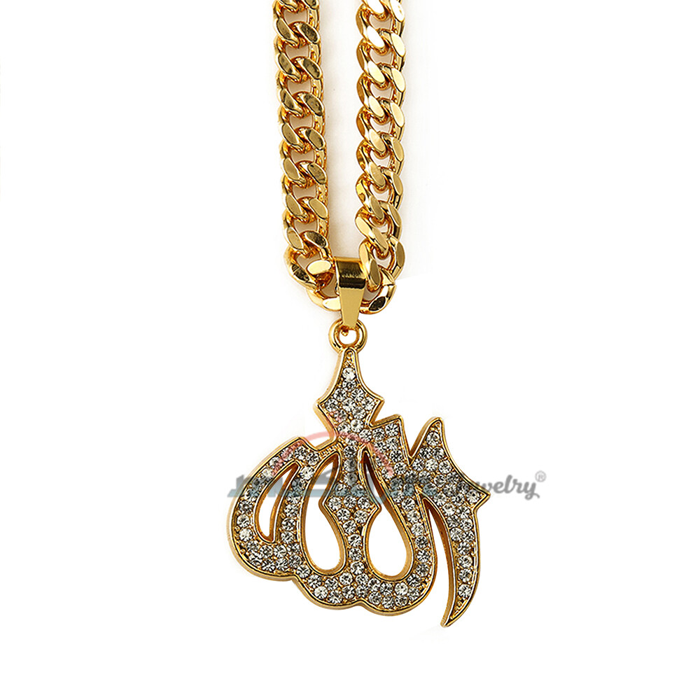 Beautiful Gold Allah Pendant With Rhinestones On Silver 30-inch Chain – Islamic