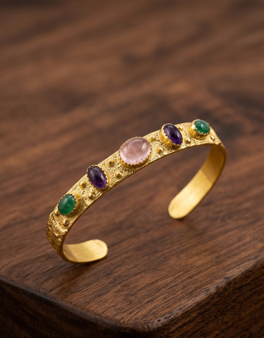 Brass Vintage Gold Color Cuff Bracelet Multi Gemstone Adjustable Women’s Bangle