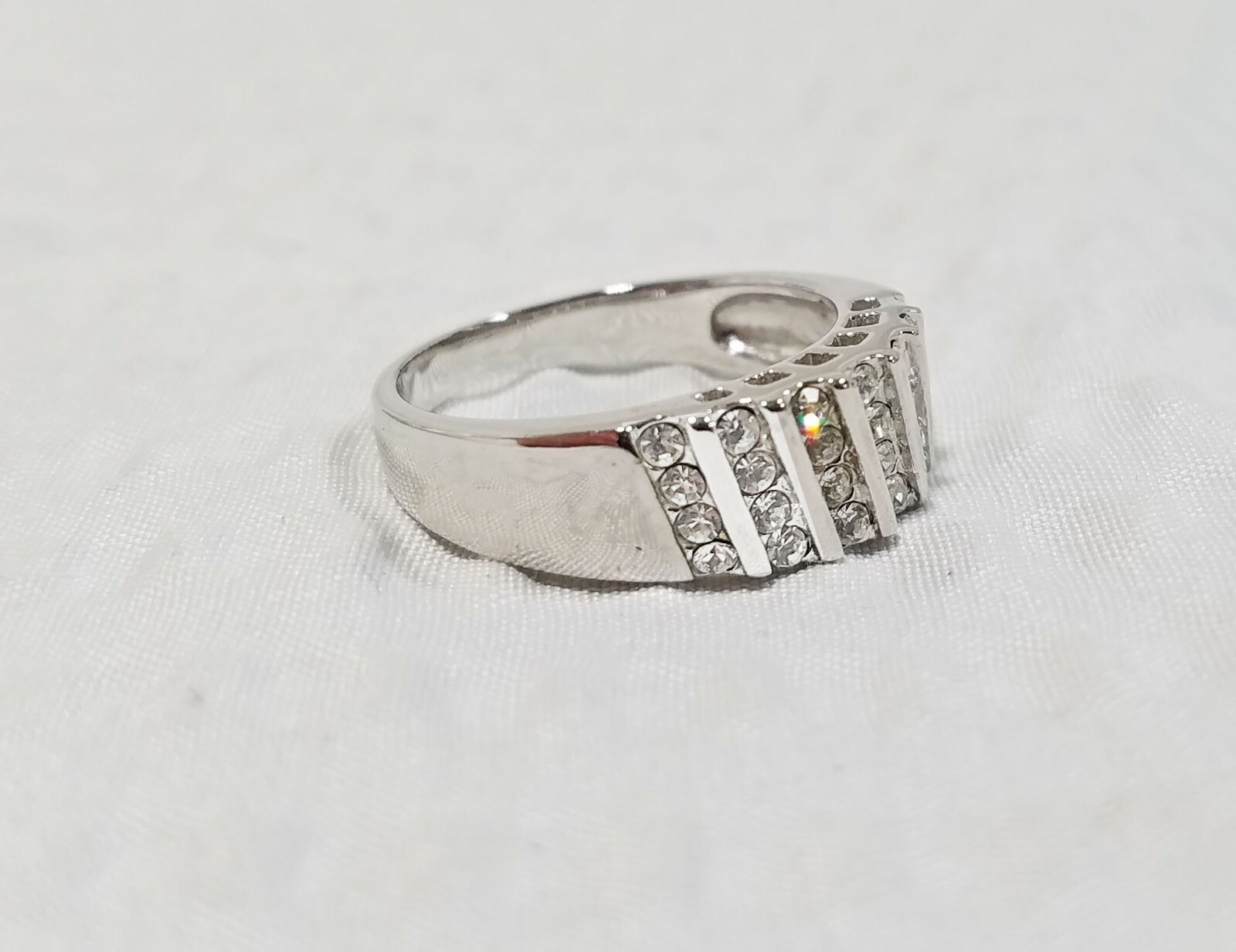 Channel-Set Austrian Crystal and Polished Silver Tone Band Ring